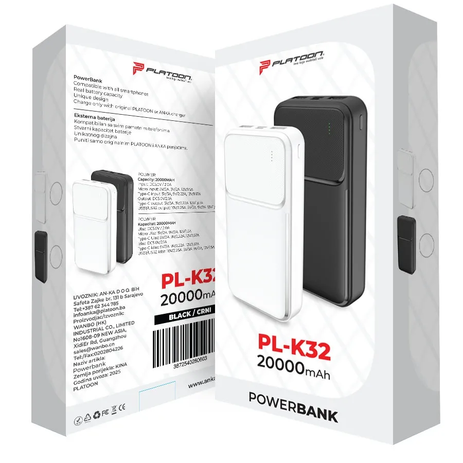POWERBANK PL-K32 20000MAH PLATOON CRNI