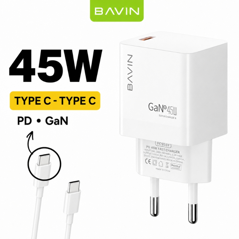 BAVIN PC958Y kućni punjač 45W GaN sa Type-C na Type-C kablom